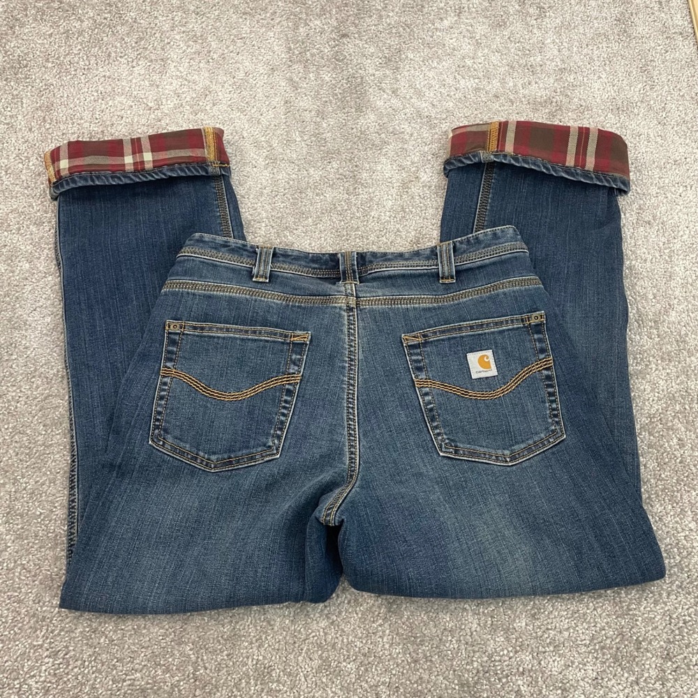Carhartt Flannel Lined Jeans Womens 8 Short Relaxed Fit Straight Leg Denim Blue